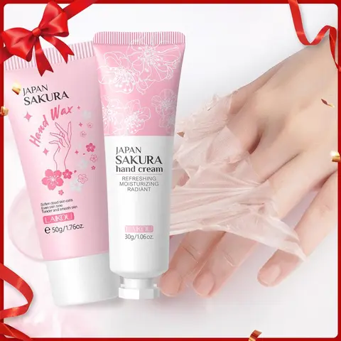50g Sakura Cherry Blossom Hand Wax & 30g Hand Cream, 2 Counts/set Peel off Exfoliating Mask Nourishing Moisturizing Hydrating Hand Mask & Lotion