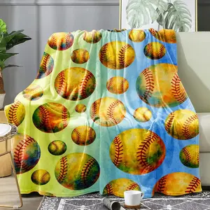 Softball Blanket 60x50 Flannel Fleece Throw Yellow Watercolor Ball Pattern Girls & Teen Room Decor Warm Stadium Travel Gift for Softball Fans Bed/Couch/Dorm