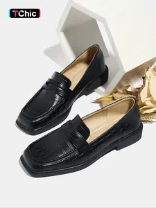 Women's Fashion Fall New Thick Sole Square Toe Soft PU Leather Shoes, Slip-On Comfortable Loafers for Work & Casual Wear