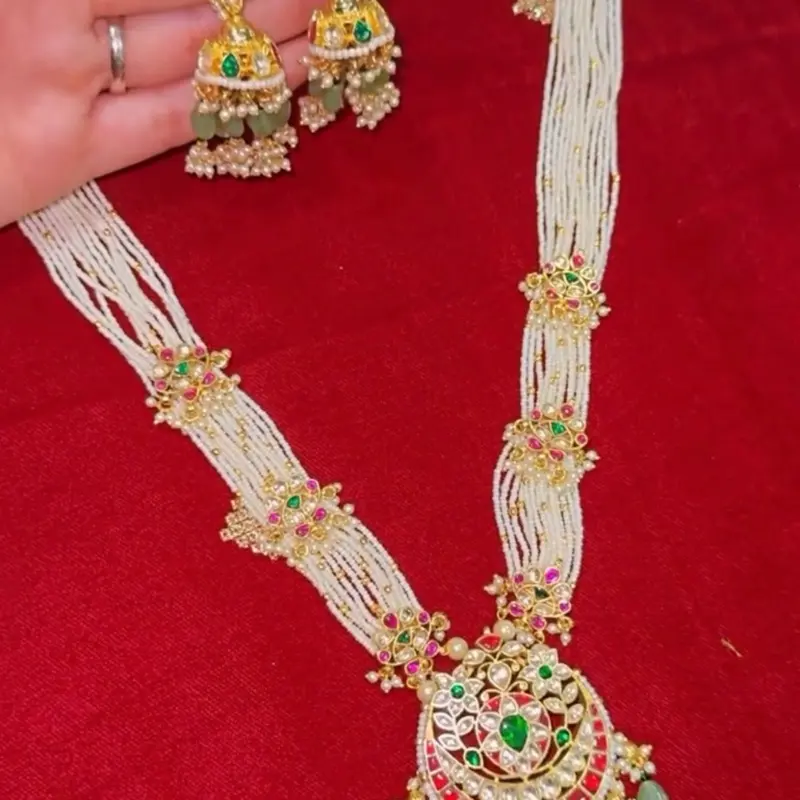 Women's Pachi Kundan Long Necklace Set with Matching Jhumke Earrings