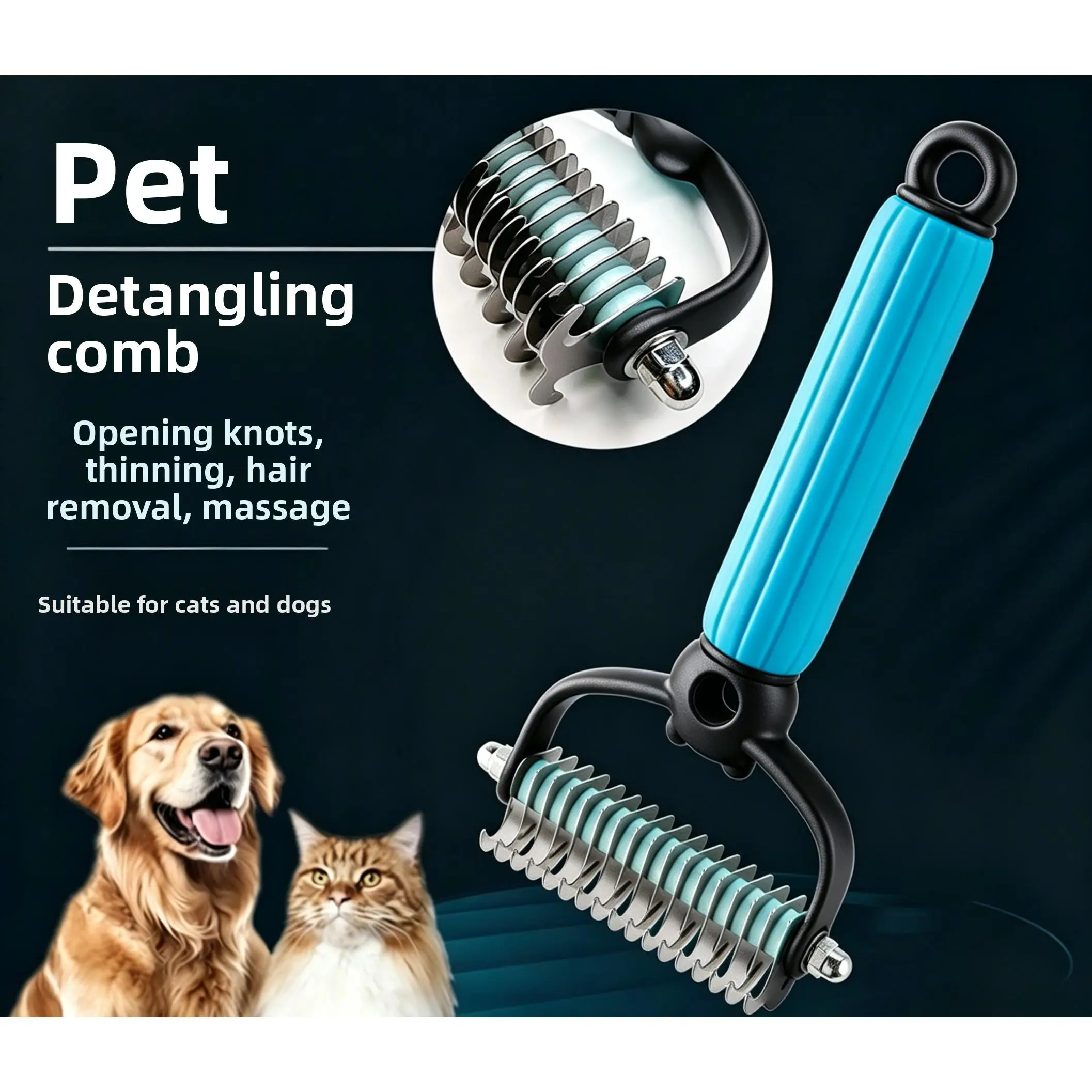Stainless Steel Double-Sided Pet Grooming Comb - Rubber-Grip Deshedding Brush for Cats, Opening Knots & Removing Floating Hair