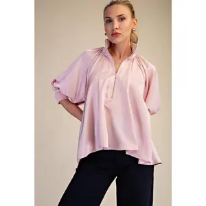 Mock Neck Band Puff Sleeve Elegance Blouse: Light Pink