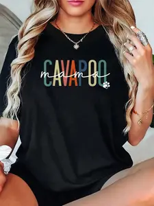 Women's 100% Cotton Breathable Short-Style Cute Digital Print Tee Tops - Unisex Fit, Cavapoo Mama/Cavadoodle Dog Mom Love-Themed Design, Snowflake Letter Pattern, Everyday Autumn Wear for Moms