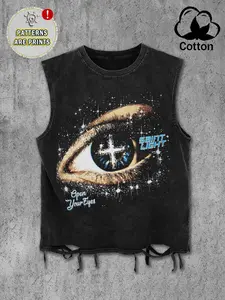 Men's Sleeveless Cotton Vest with Eye Graphic Pattern Print, Loose Fit Vintage Wash Design, Casual Streetwear for Daily Wear, Gym, Music Festivals