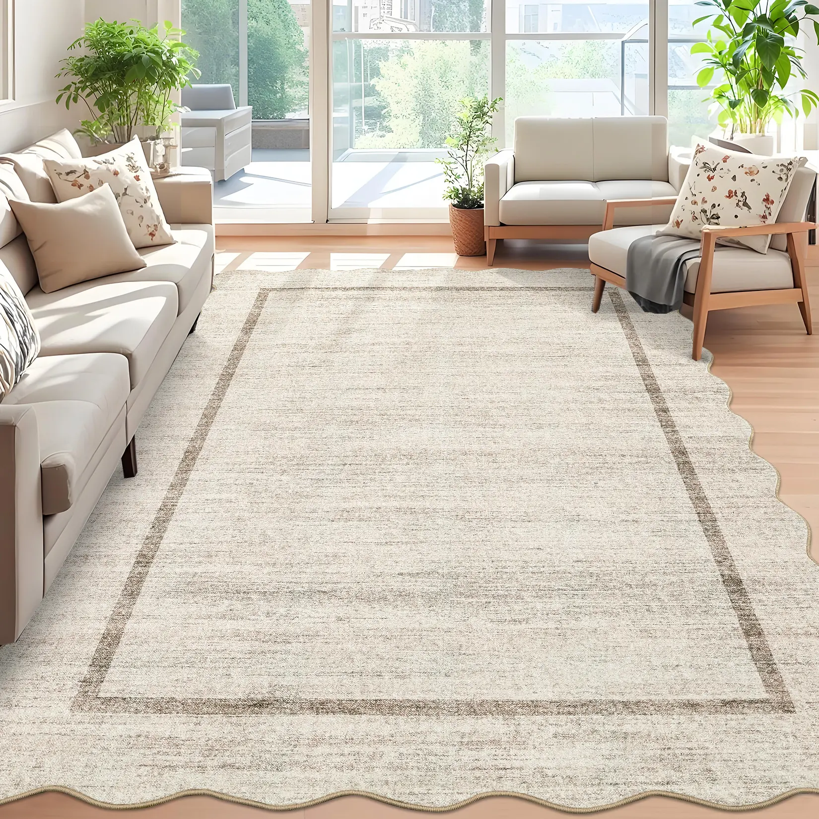 Washable Scalloped Rugs for Living Room, Soft Non Slip Area Rug for Nursery Bedroom, Solid Bordered Indoor Modern Floor Rug Large Stain Resistant Under Table Carpet for Dining Room Office