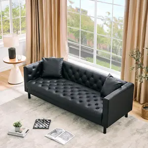Garvee 81 Inch Mid-Century Modern Chesterfield Leather Sofa, Deep Seat 3-Seater Couch with Button Tufted Design and 2 Pillows, Black, Perfect for Living Room, Apartment, or Office