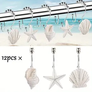 Set of 12 Starfish & Seashell Stainless Steel Rust Resistant Double Hooks Glide Shower Curtain Ring Hangs Holder for Bathroom Home Decor