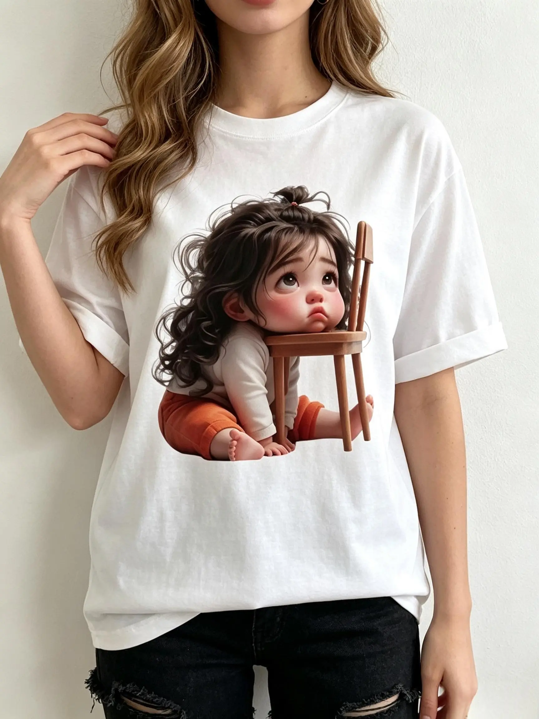 Women’s Soft Cotton Fabric Short-Sleeve Crew Neck T-Shirt - Viral TikTok Soft Girl Style, 3D Cartoon Print of Sleepy Chibi Kid with Voluminous Curly Hair Resting Cheek on Tiny Wooden Chair, Breathable, Casual Beach Top Womenswear Tee Crewneck Fitted Round