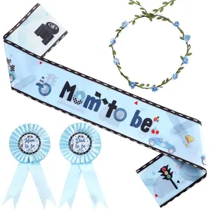 1Set Race Car Baby Shower Decorations Vintage Racing Car Mom to Be Sash Cars Theme Mom Dad to Be Corsage Pin Flower Crown Headband Blue for Boy Lets Go Racing Baby Shower Party Favors
