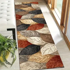 A 2D Flat Countryside Style Rug with a Colorful Leaf Pattern. It Features a 2D Print And a Non-Slip Backing, Offering a Soft Touch That Is Machine Washable And Easy to Maintain. Suitable for Various Settings Such As Hallways, Kitchens, Bedrooms