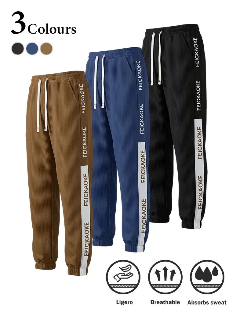 Men's 3-Pack Athletic Joggers, Sporty Chic Polyester Clothes with Ribbed Texture and Letter Print, Workout Gear