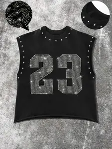 Men's Trendy Casual Vest with Unique Number 23 Rhinestone Print, Skin-Friendly Fabric, Regular Fit, Perfect for Gym, Street Style, Party