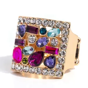 Framed Gold Square Ring with Multicolored Gems and Rhinestones Bordered in White Rhinestones Stretchy Band for Flexible Fit