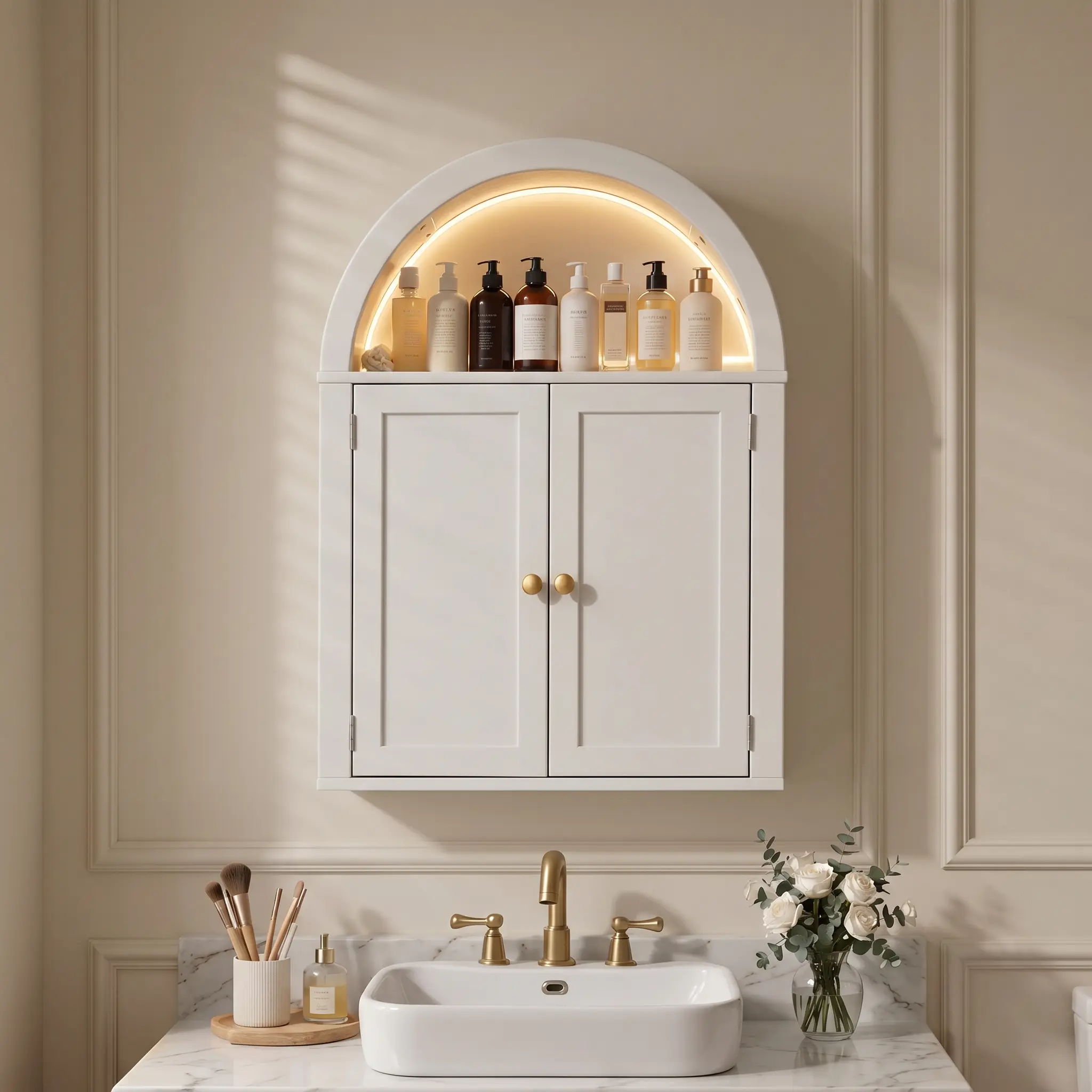 Arched bathroom cabinet, farmhouse medicine cabinet with barn door and adjustable lighting, 23.6 x 31.4 inches (approximately 60 x 80 cm) wooden storage cabinet, wall mounted bathroom, laundry room, kitchen