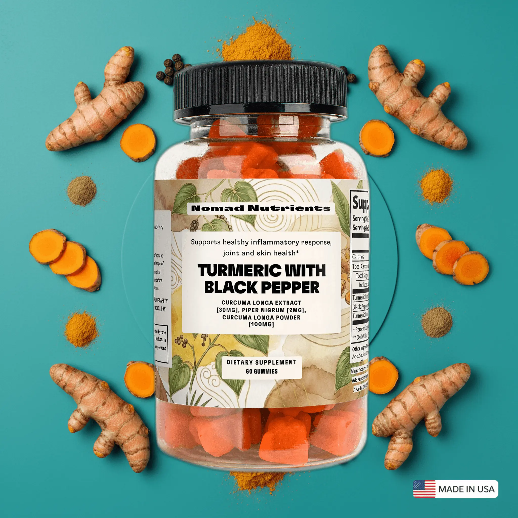 Nomad Nutrients Turmeric Gummies with Black Pepper 60 Gummies 100mg Active Ingredients Supports Joint Bone & Skin Health USA Made