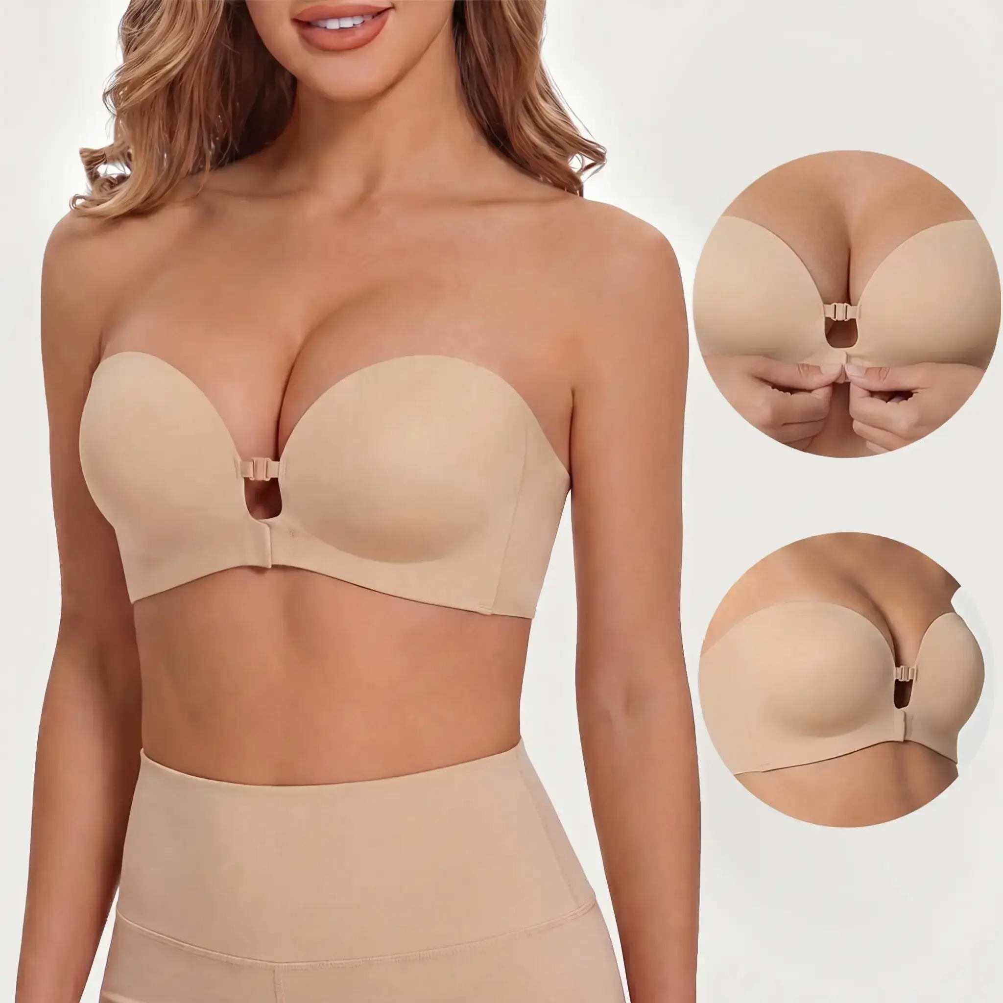 Womens Strapless Front Closure Bra Push Up Lift Bra Padded Add Cup Non Slip Anti-Slip Grip & Removable Straps Fit Outfits Wireless Supportive Seamless Comfortable A B C Adjustable Breathable Butterfly Detachable