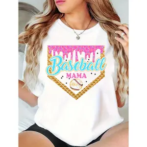 Women’s Baseball Mama T-Shirt – Donut Icing, Sprinkles & Baseball Graphic, Casual Sports Fan Top for Game Day, Mom’s Stylish Game Day Tee 100% Cotton T-shirt