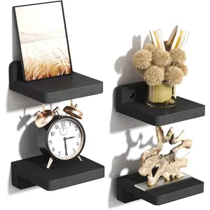 Small Floating Shelves Wall Mounted, Wood Shelf for Decoration and Storage Set of 4, Mini Display Shelf for Bedroom, Bathroom, Kitchen, Office (Black, 4 inch)