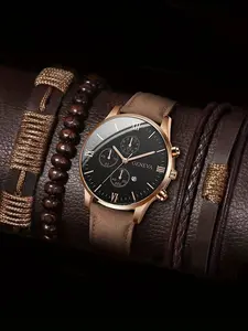 Fake Three Eyes Simple and Versatile Men's Quartz Belt Watch 4-piece Set Gift Box Set