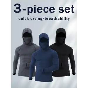 [3pcs] Men's Quick-Dry Sports Hoodies Face Mask Breathable Sun Protection for Gym,outdoor, Running & Casual Attire Activewear graphic tees compression shirt women Gym Sweatwear Gym Outfits Slim T-Shirt