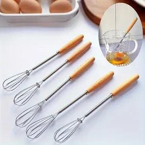 Wooden Handle Whisk, 3 Counts Mini Stainless Steel Egg Beater, Milk Whipper Wire Whisk for Blending, Whisking, Beating, Or Stirring, Baking Tools