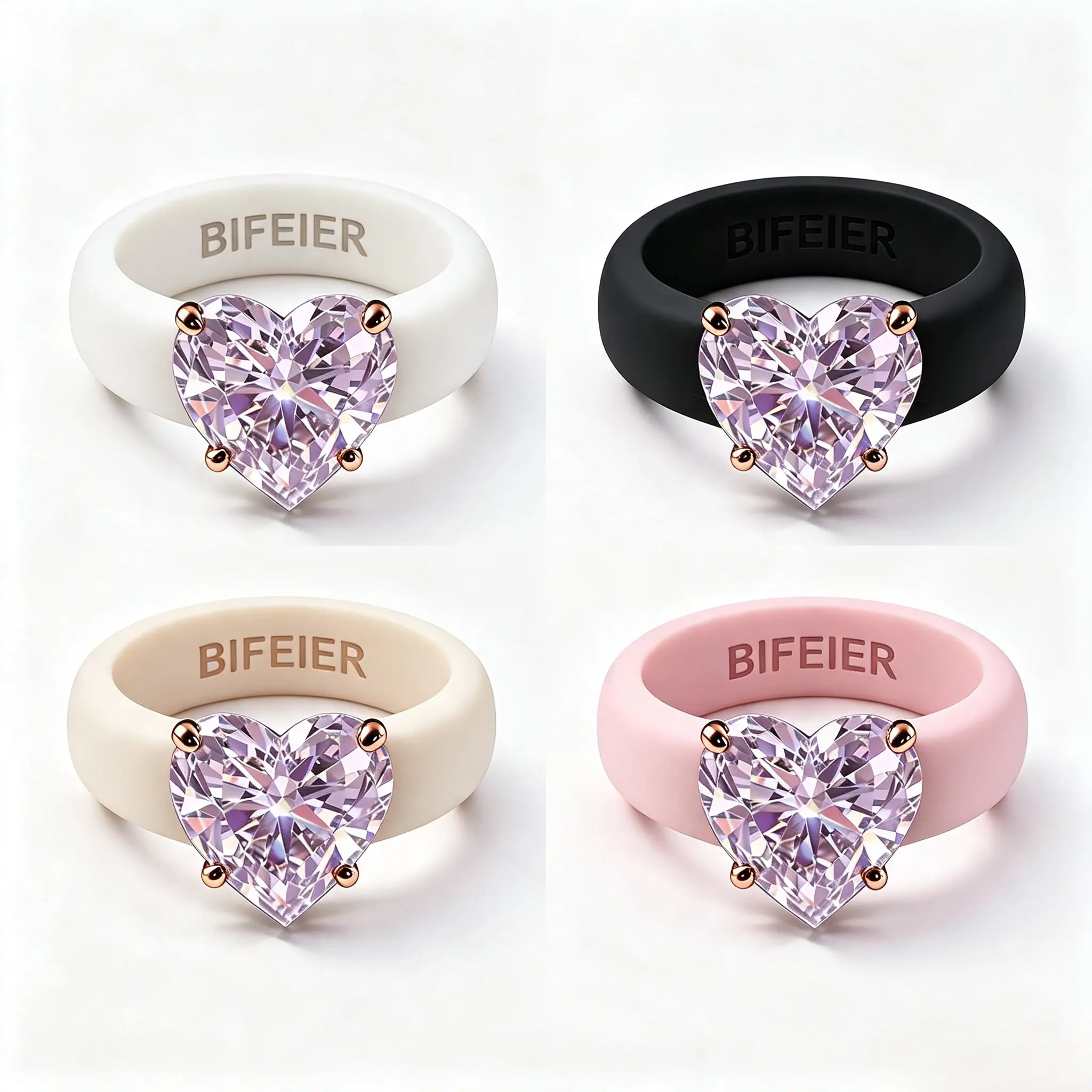 Lavender Heart Cut Cubic Zirconia Solitaire Ring Soft Wide Silicone Band Rose Gold 4 Prong Setting White Black Cream Pink Blue Stackable Comfort Statement Promise Fashion Jewelry Gift for Women Teen Girls