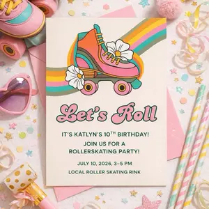Roller Skate Birthday Invitation Retro Skating Party Invite Let’s Roll Rainbow Birthday Girl 10th Birthday Digital 5x7 Cardstock Vibrant Printing Envelopes Included