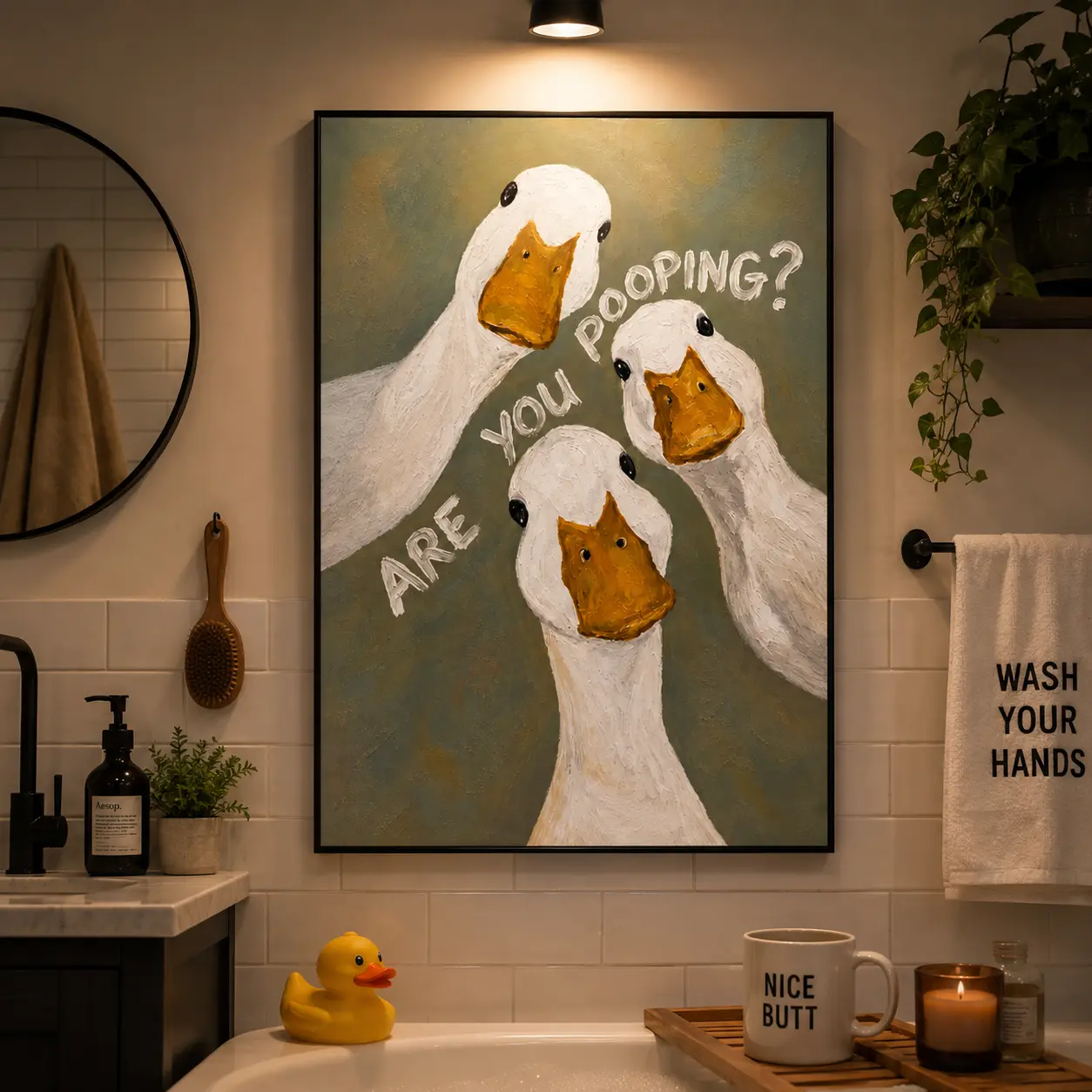 Funny Goose Bathroom Poster & Print - "Are You Pooping?" Toilet Humor Decor, Quirky Duck Art, Office Motivation Wall Art, Life Inspiration Canvas, Mindset Shift Piece, Aesthetic Room Accent, Gag Gift, Viral TikTok Home Decor