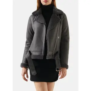 Womens Vintage Grey Shearling Leather Jacket