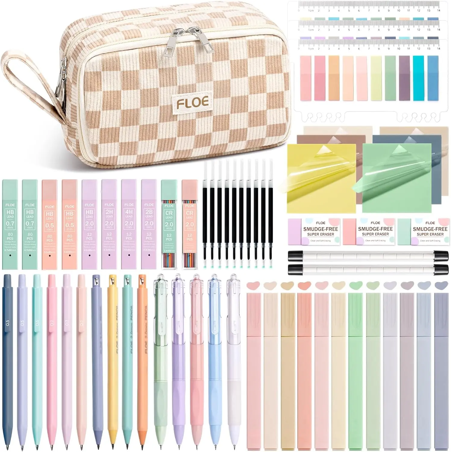 62PCS Aesthetic School Supplies Cute Back to School Supplies Stationary Set | College Preppy Essentials Kit with Large Pencil Pouch Case, Pastel Highlighters Gel Pens Mechanical Pencils for Student Girls