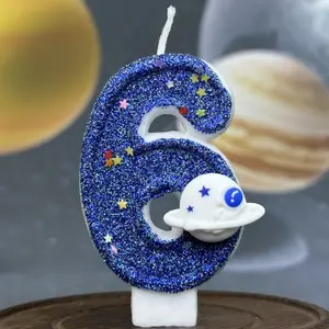 1pc Sky Blue Planet Number Birthday Candles Celebration Candle Numerical Candles 0-9 with Sparkling Sequins - Galaxy Space Theme Cake Topper for Outer Space Universe Party Decorations - Shimmering Starry Sky Numeric Candle for Festival Holiday Supplies