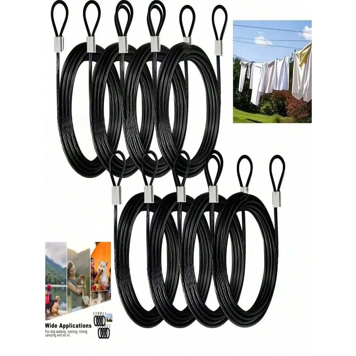 20pcs Black Plastic Coated Steel Wire Rope, Suitable For Anti-Theft Rope, Clothesline, Outdoor Decor Rope, Wall Decor Rope, Dog Leash, Tent Rope, Adjustable Length