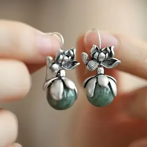 Flash & Finesse  Good Luck Lotus Jade Earrings - Retro 925 Silver for Everyday & Gifting