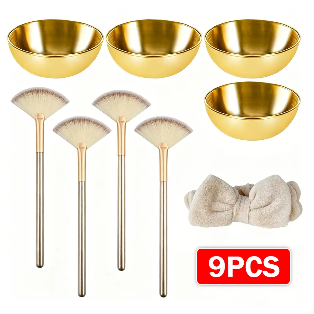 Facial Mask Mixing Bowl Set, 9 pcs Atmospheric Gold Skincare Tools Kit with 4 Stainless Steel Bowls, 4 Brushes & Headband to Blend Cosmetic Clay Masks, Ideal Travel Gift, Bowl And Brush Set, Easy To Store