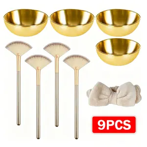 9 Pcs Gold Facial Bowl and Brush Set - 4 Stainless Steel Mixing Bowls, 4 Facial Fan Brushes, 1 Headband - Professional Esthetician Clay Cosmetic Blend Kit for Spa, Home Skincare (Gift for Mask, Mud, Cream Prep)