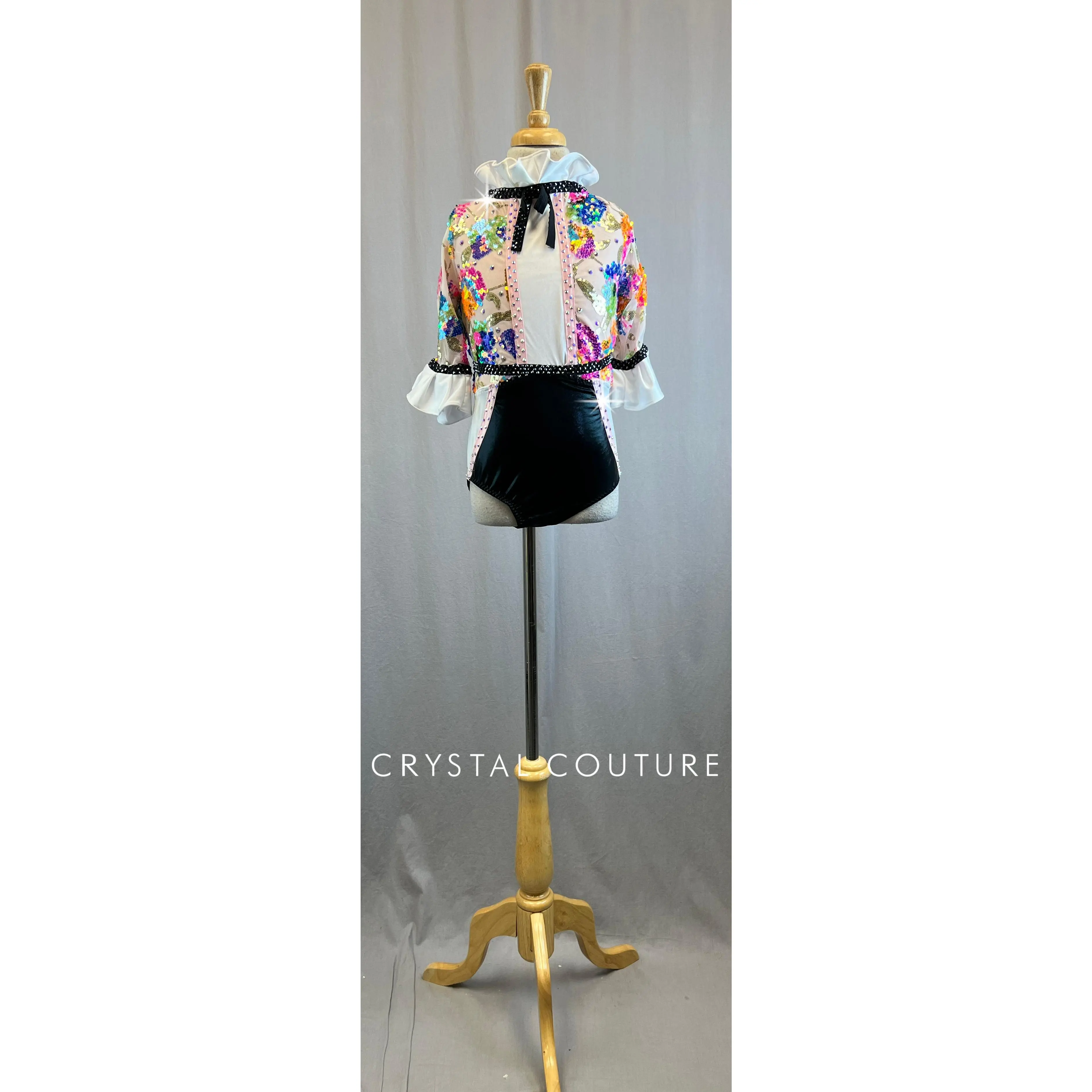 *Brand New* Custom Pink, White, Black, with Neon Sequins 3/4 sleeve Leotard - Rhinestones