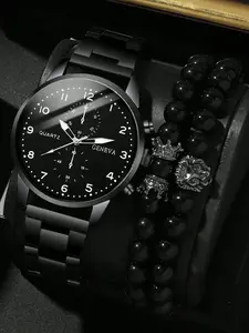 Men's Quartz Watch Set with Beads Band Bracelet, Casual Trendy Wristwatch, Round Analog Alloy Dial & Case, Hardlex Glass, Casual Style, Perfect Gift for All Occasions, Merry Chrismas