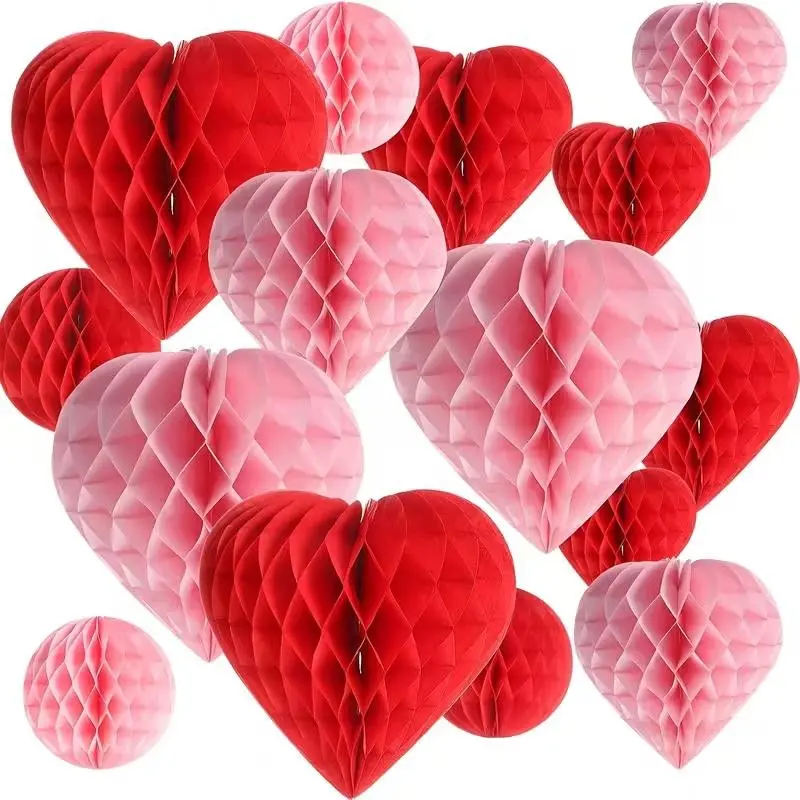 8 Piece Valentine's Day Paper Honeycomb Balls, Heart Shaped Love Decorations, Perfect for Weddings, Birthdays, Anniversaries