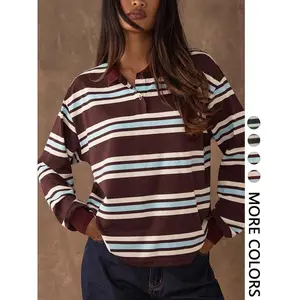 Women's casual color blocked striped long sleeved T-shirt, fashionable for autumn and winter, retro style, suitable for outdoor wear, suitable for all seasonsRAIMENTRY