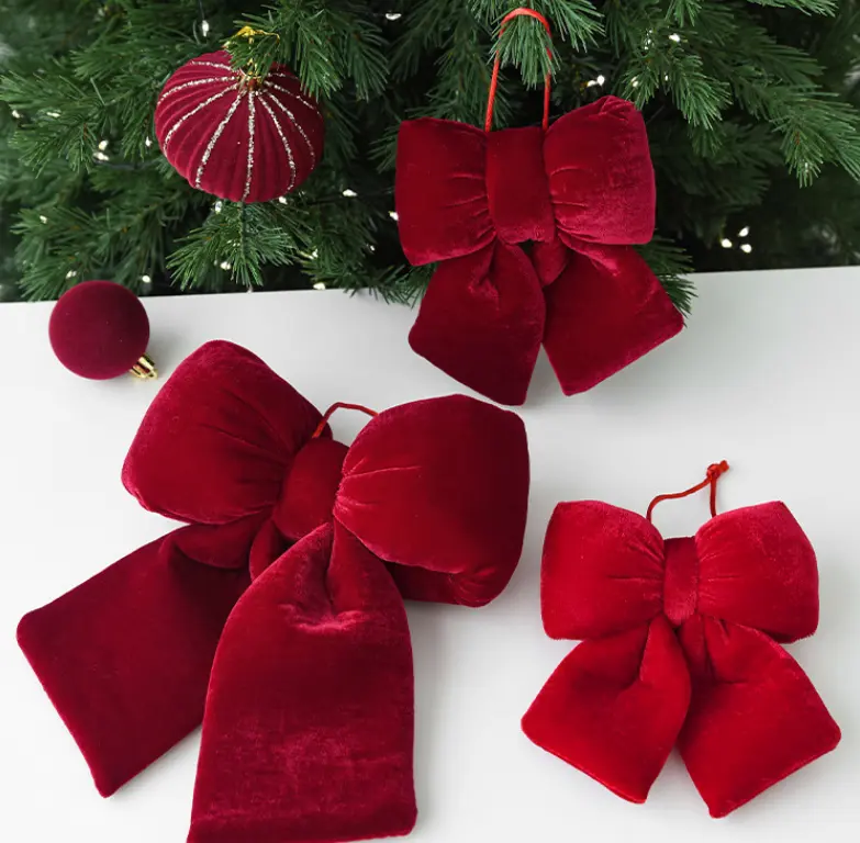 Elegant Red Velvet Plush Butterfly Knot Bow Tie Decoration - Christmas Tree Ornament, Home Festive Accent, Home Supplies, Decorative Bow Tie Design Piece