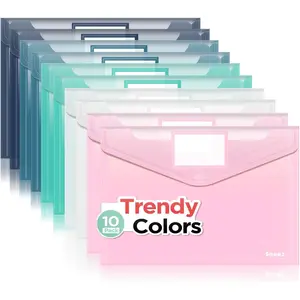 10Pack Plastic Envelopes, Plastic File Folders, Clear Folders for Documents Trendy Colors, Super Heavyweight Document Holders, Storage Pouches, File Envelopes for School Office Supplies