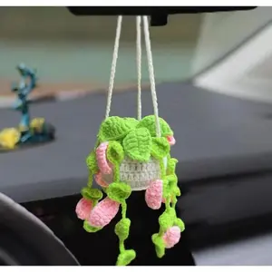1PC Handmade Crochet Hanging Plant Cute Boho Car Mirror Hanger Aesthetic Rearview Mirror Charm Knitted Plant Basket Car Interior Accessories for Women Perfect Home & Vehicle Decor Daily Use Gift
