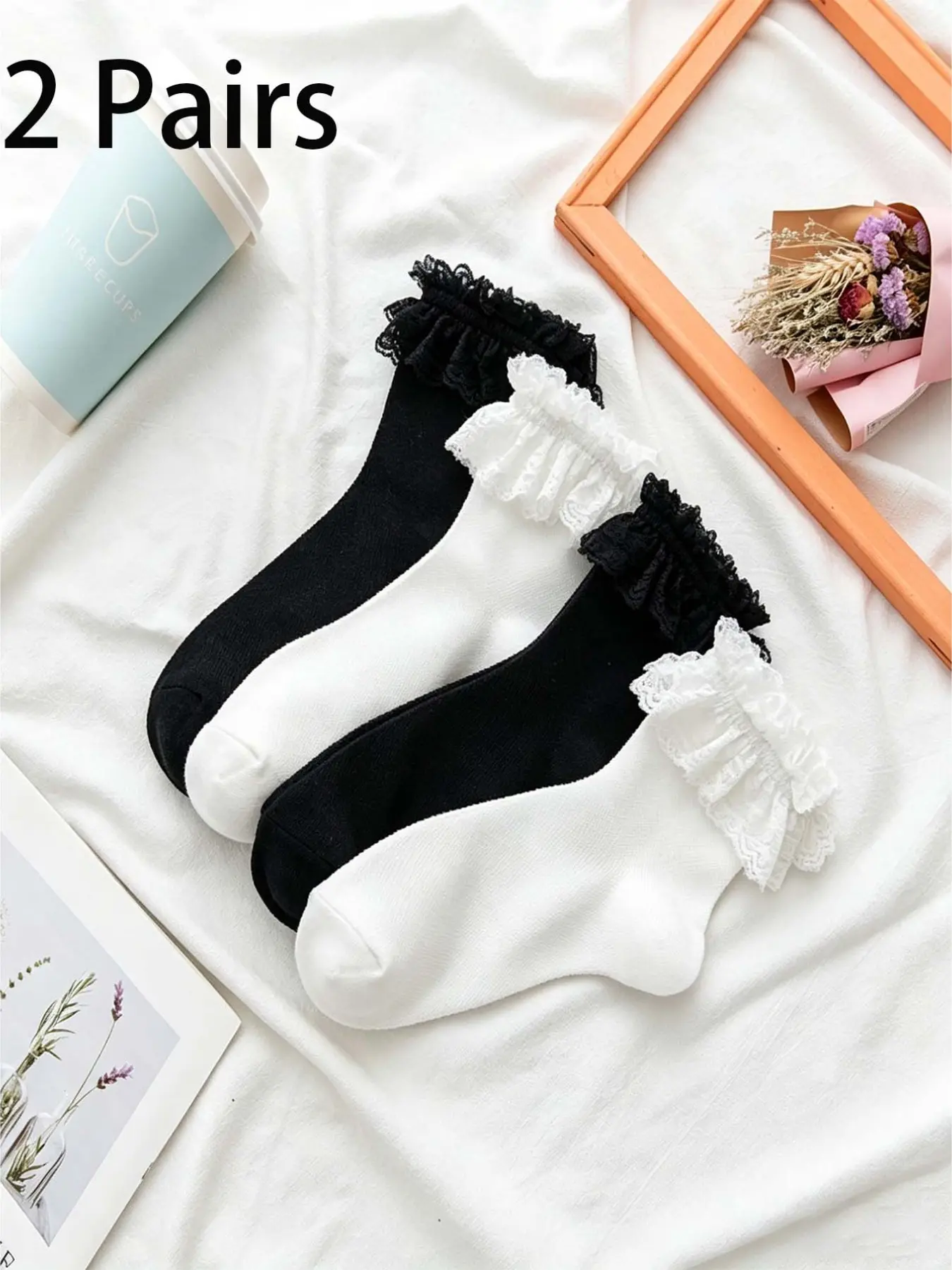 2 Pairs Sweet Lace Trim Socks, Summer Thin Women's Mid-Calf Socks, Cute Lolita Princess Socks, Soft Comfortable Non-Slip Breathable, Breathable Comfy Socks, Ideal for Sweet Style, Lolita, Jk Uniform, Dates, Gifts, Versatile Use, Womenswear, Sock Sets