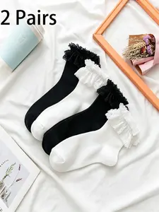 2 Pairs Sweet Lace Trim Socks, Summer Thin Women's Mid-Calf Socks, Cute Lolita Princess Socks, Soft Comfortable Non-Slip Breathable, Ideal for Sweet Style, Lolita, Jk Uniform, Dates, Gifts, Versatile Use, Womenswear