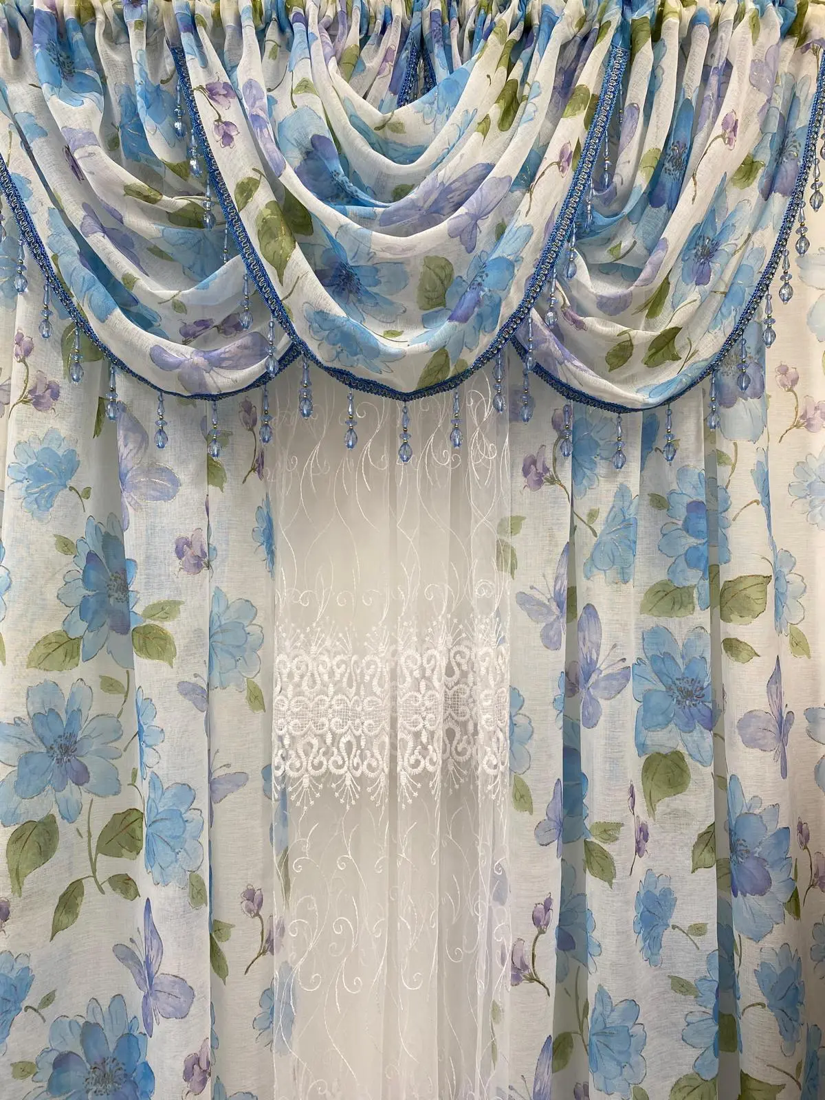 Anika 6-Piece Blue Floral Curtain Set – Amy Embroidered Sheer Panel