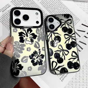 Compatible with iPhone 16/15/14/13 Pro Max Plus Cases Sweet and Stylish Bow-and-Cherry Design with Silver Accents Girly Soft TPU + PC Shock-Resistant Case Essential Birthday Gift for Girlfriends, Friends, and Boyfriends