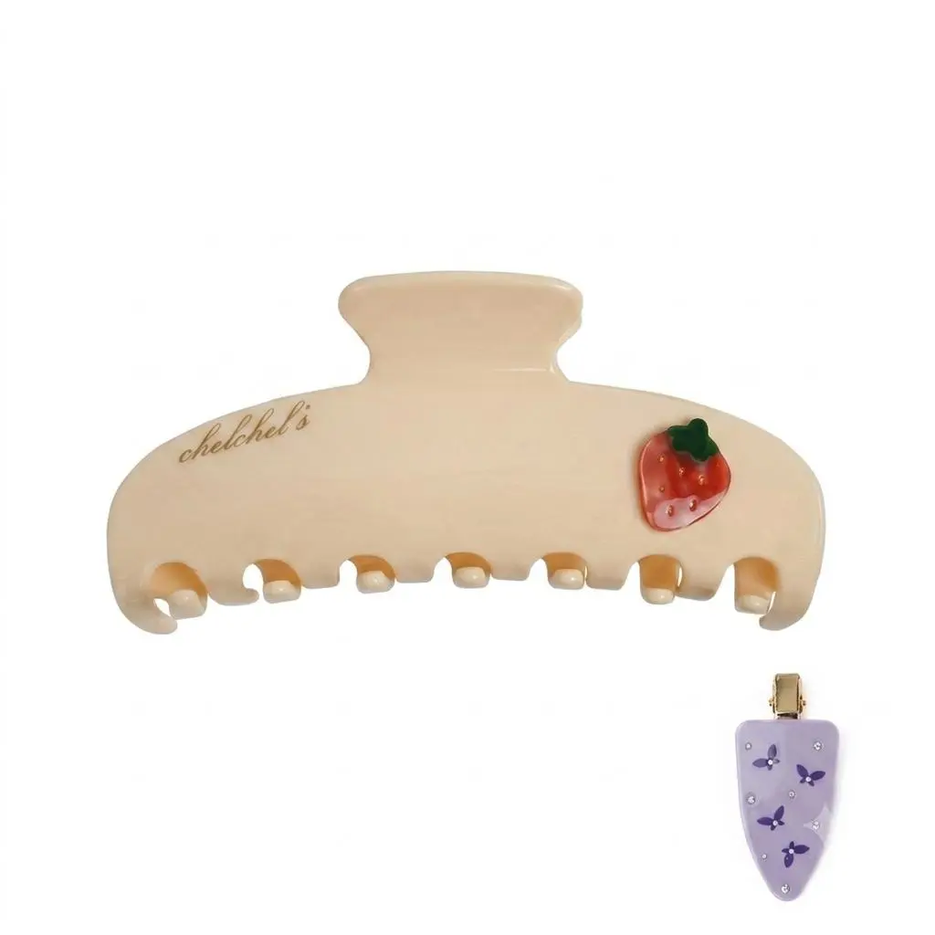 Chelchel's Rhinestone Hair Claw Clips for Thick Thin Hair - Strawberry Shortcake Handmade Luxury Cellulose Acetate Flat Oval Clip, No Slip Creaseless Hair Accessories