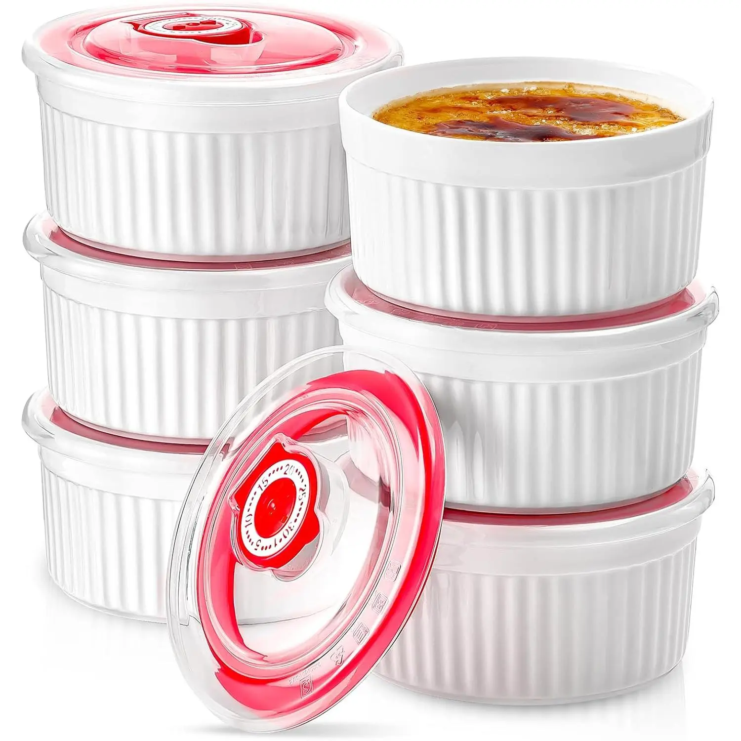 Ramekins with Lids Set of 6, 8 oz Porcelain Creme Brulee Souffle Ramekins with Covers, White Pudding Custard Cups Ramiken for Baking, Small Bowls for Sauces Dessert, Dishwasher and Oven Safe