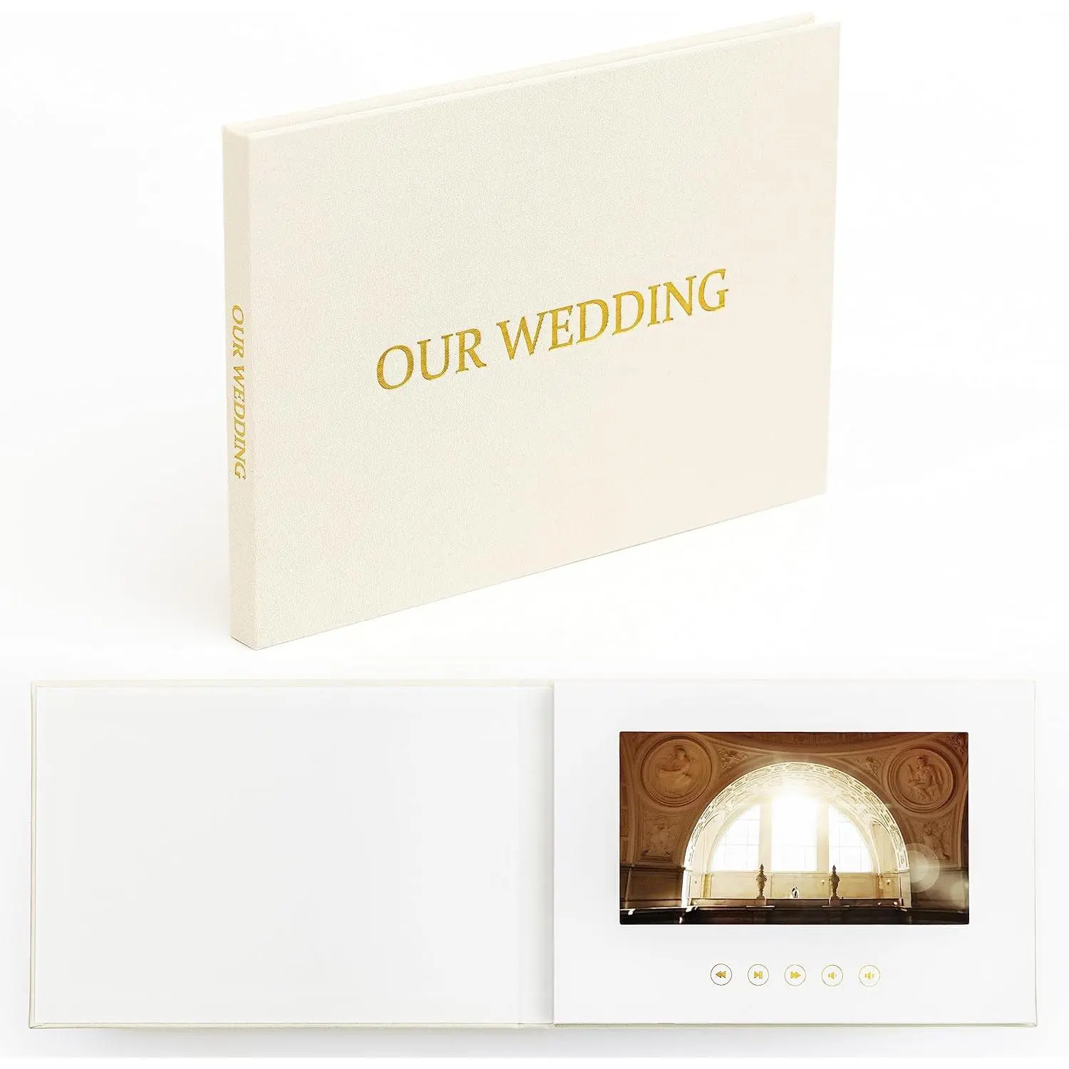 Luxury Linen Bound Wedding Video Book (OUR WEDDING - GOLD FOIL) with Gold Foil Stamping, 7" IPS Display, 4GB Memory, Rechargeable Battery, Up to 3H Video, Gift Idea, Always Ready to Play | DIY Scrapbooking Supplies (Toys & Hobbies)