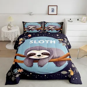 Twin Size Sloth Motif Bedding Set - Luxury Digital Print Floral Comforter, Breathable Soft Blue Quilt, Breathable Soft Floral Blanket, Cute Designer Bedroom Decor, Breathable Soft Blanket